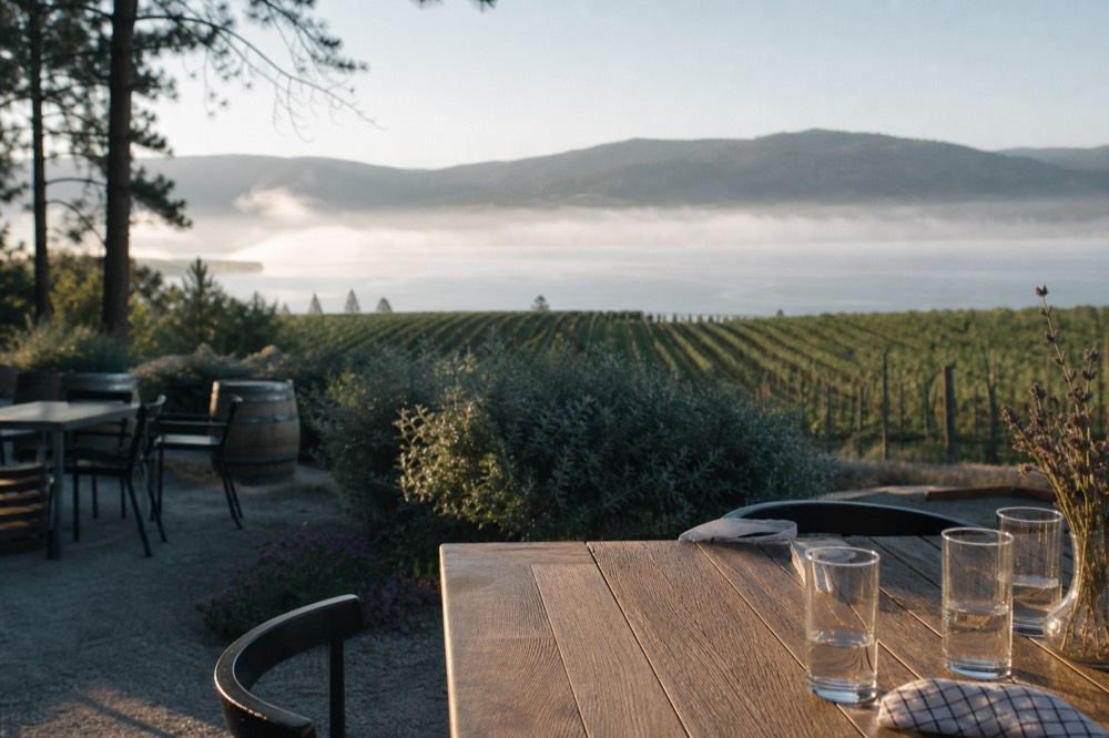 A hillside Okanagan winery terrace with tables overlooking rows of vines and the lake, no people, no branding.