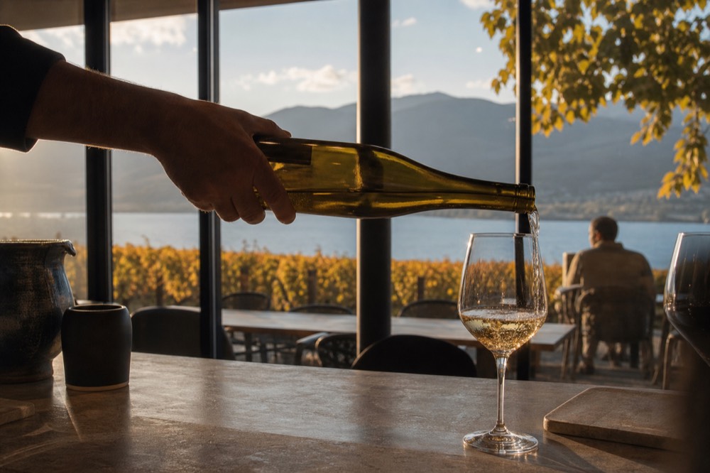 A bottle being poured into a glass at a sunlit tasting bar, vineyard visible through the window, no faces, no text.