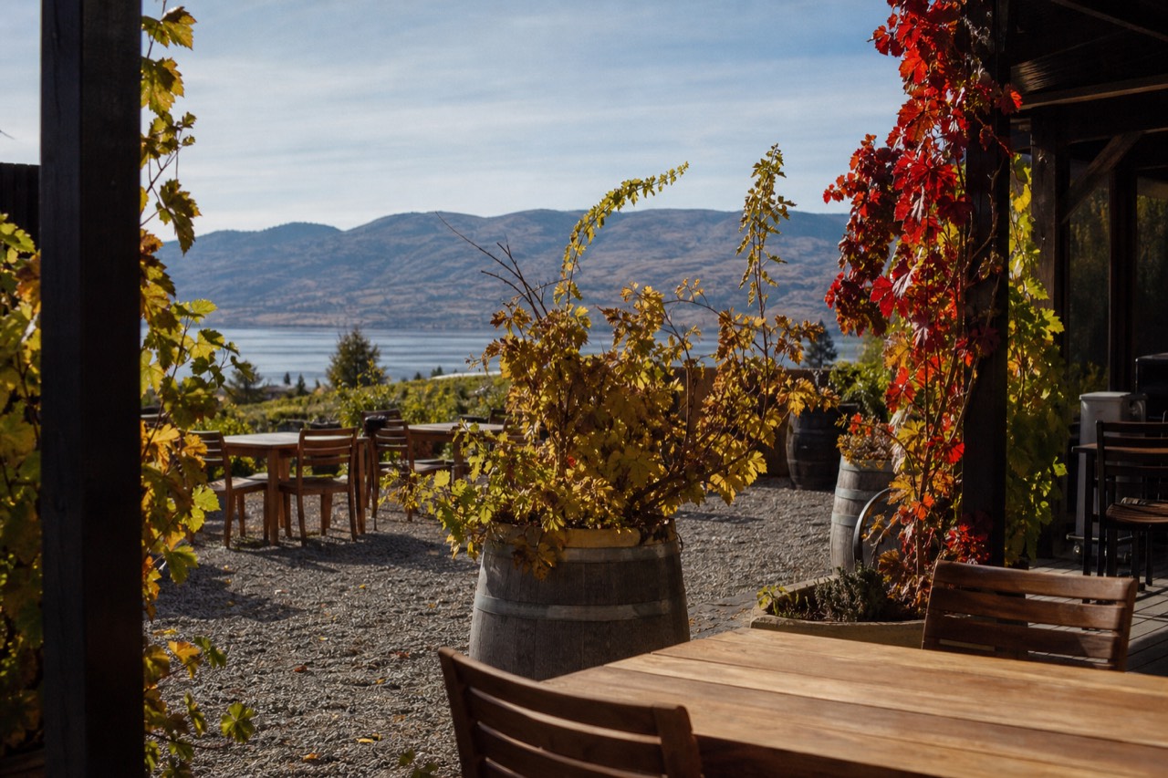 A relaxed outdoor winery patio with wooden tables set among potted vines and gravel underfoot, Okanagan Lake in the distance, no people, no branding, no text.
