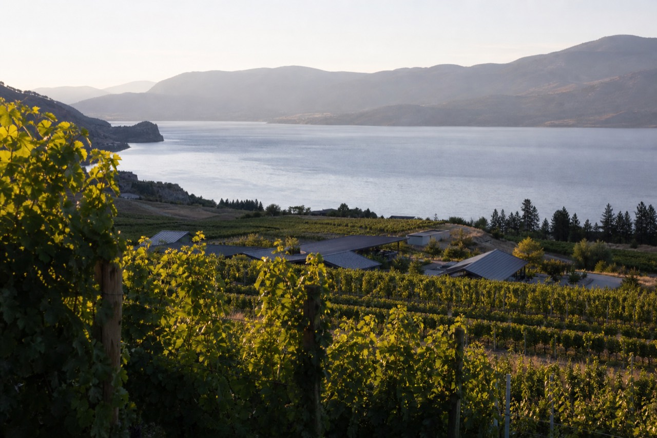 Terraced Naramata Bench vineyard rows dropping toward Okanagan Lake at golden hour, small tasting-room rooftops tucked among the vines, no people, no signage.