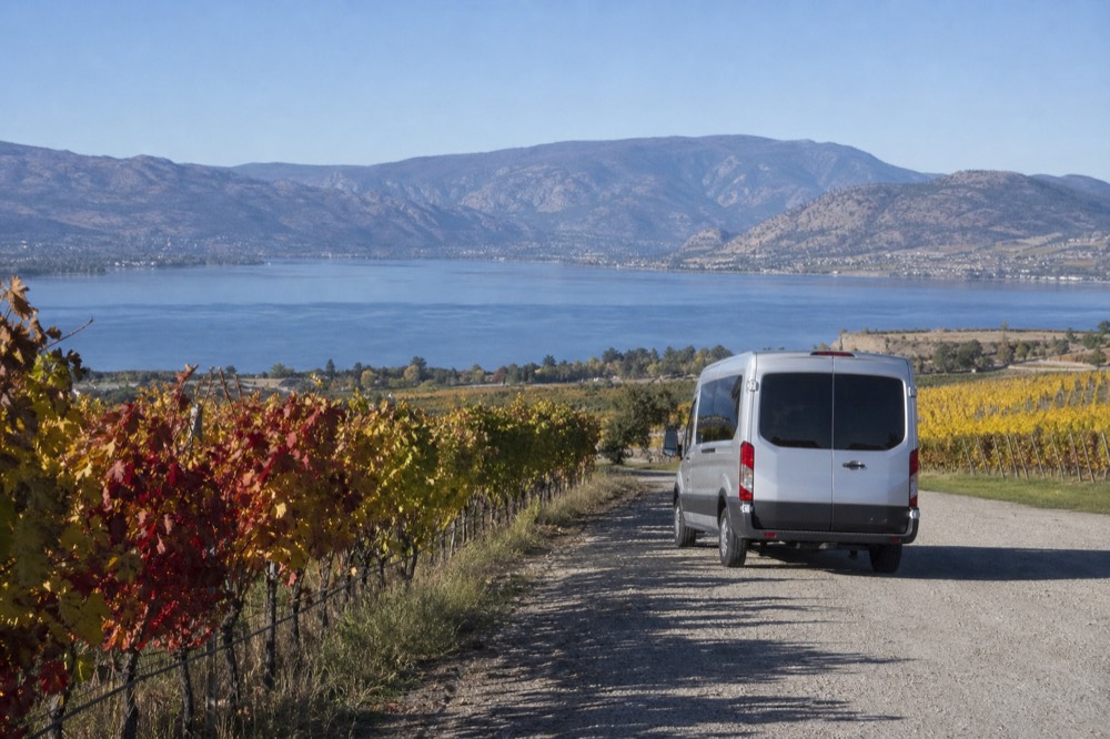 A small tour van on a quiet Penticton-area bench road between vineyard blocks with Okanagan Lake behind, clear afternoon light, no people, no plates, no branding.