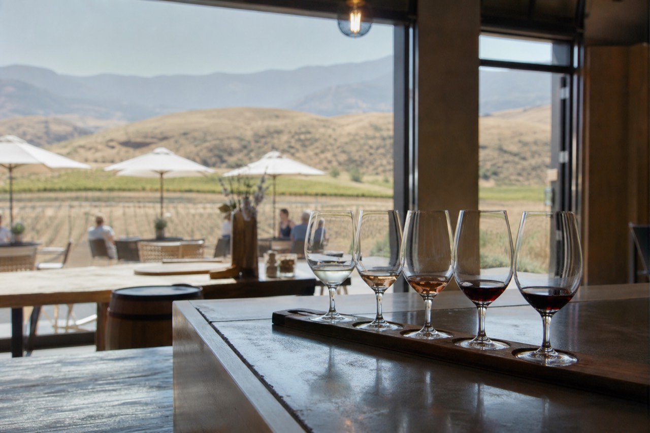A flight of wine glasses on a sunlit tasting-bar counter, no branding, no people.