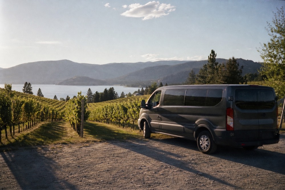 A small tour van parked on gravel beside vineyard rows under blue sky, no branding, no plate, no people.