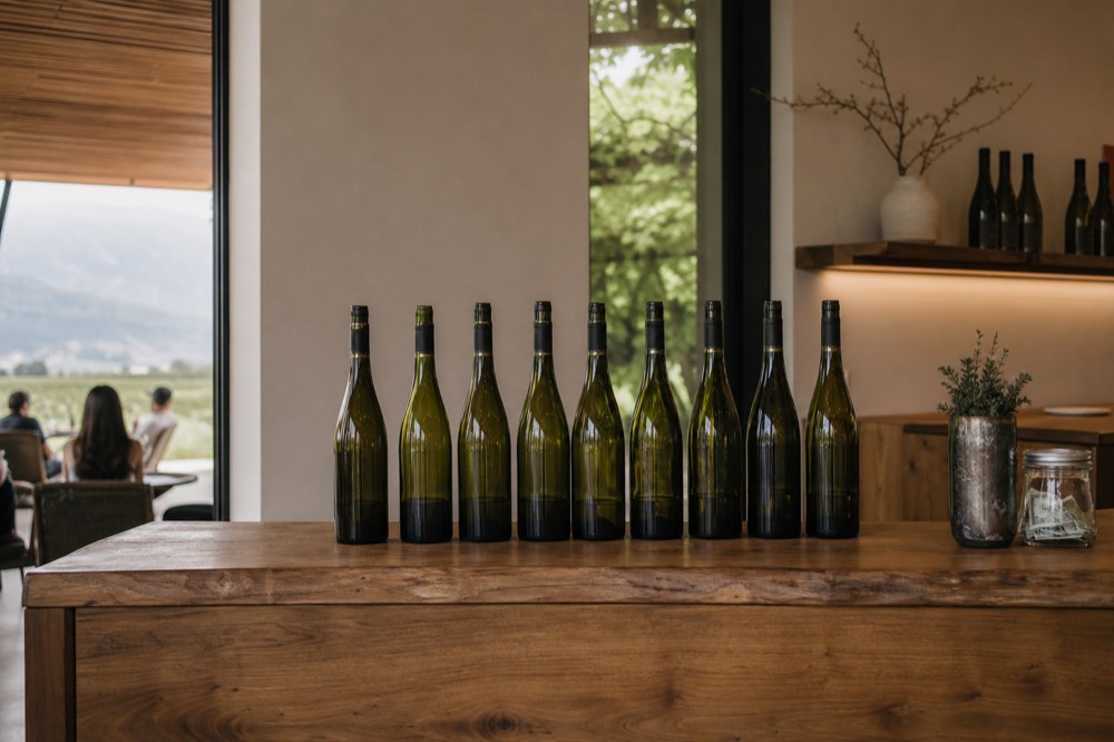 A cellar-door tasting bar with pour bottles lined up and a small tip jar to one side, warm light, no people, no text.