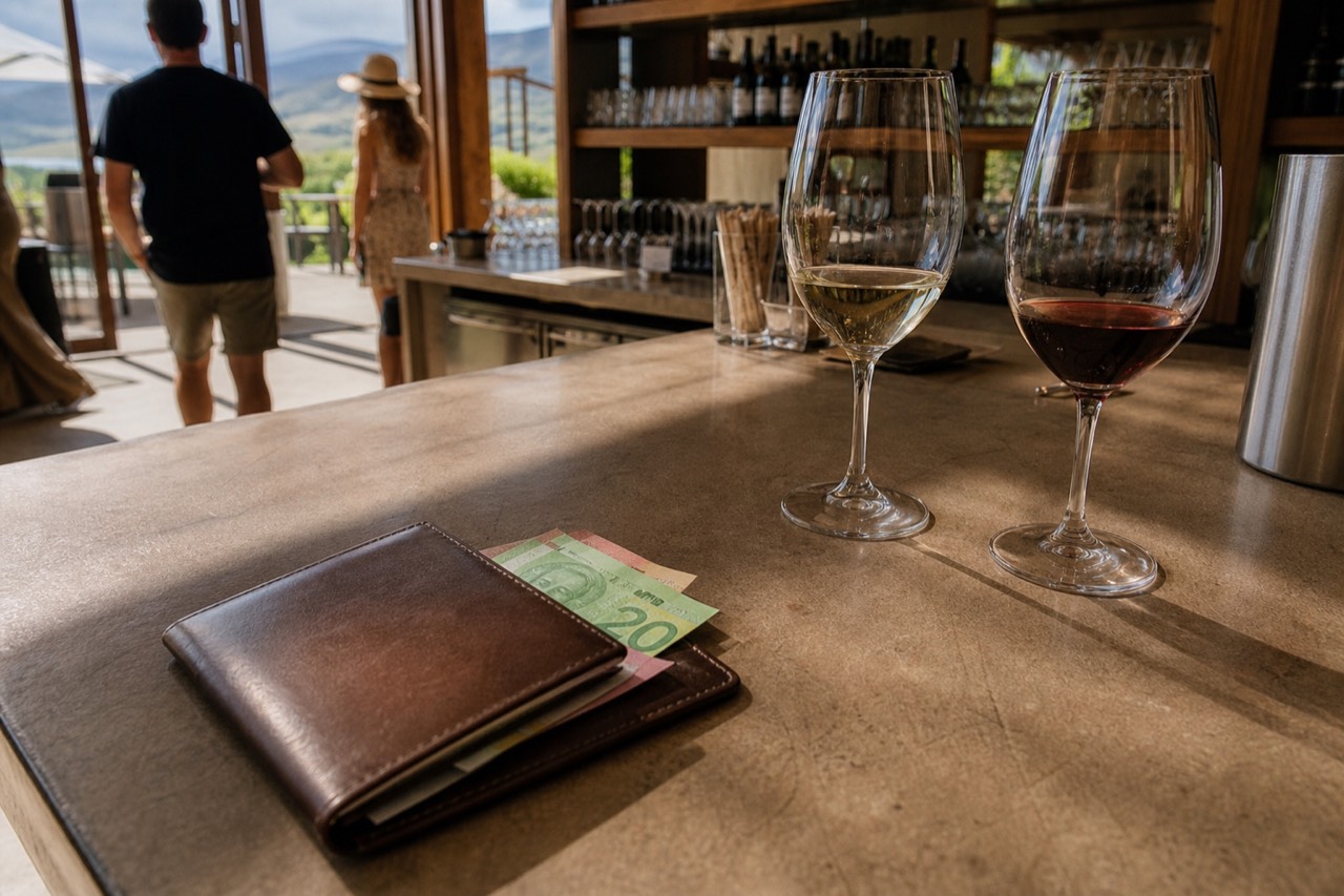 A leather bill folder with Canadian dollar banknotes resting on a winery tasting-bar counter beside two wine glasses, no faces, no branding.