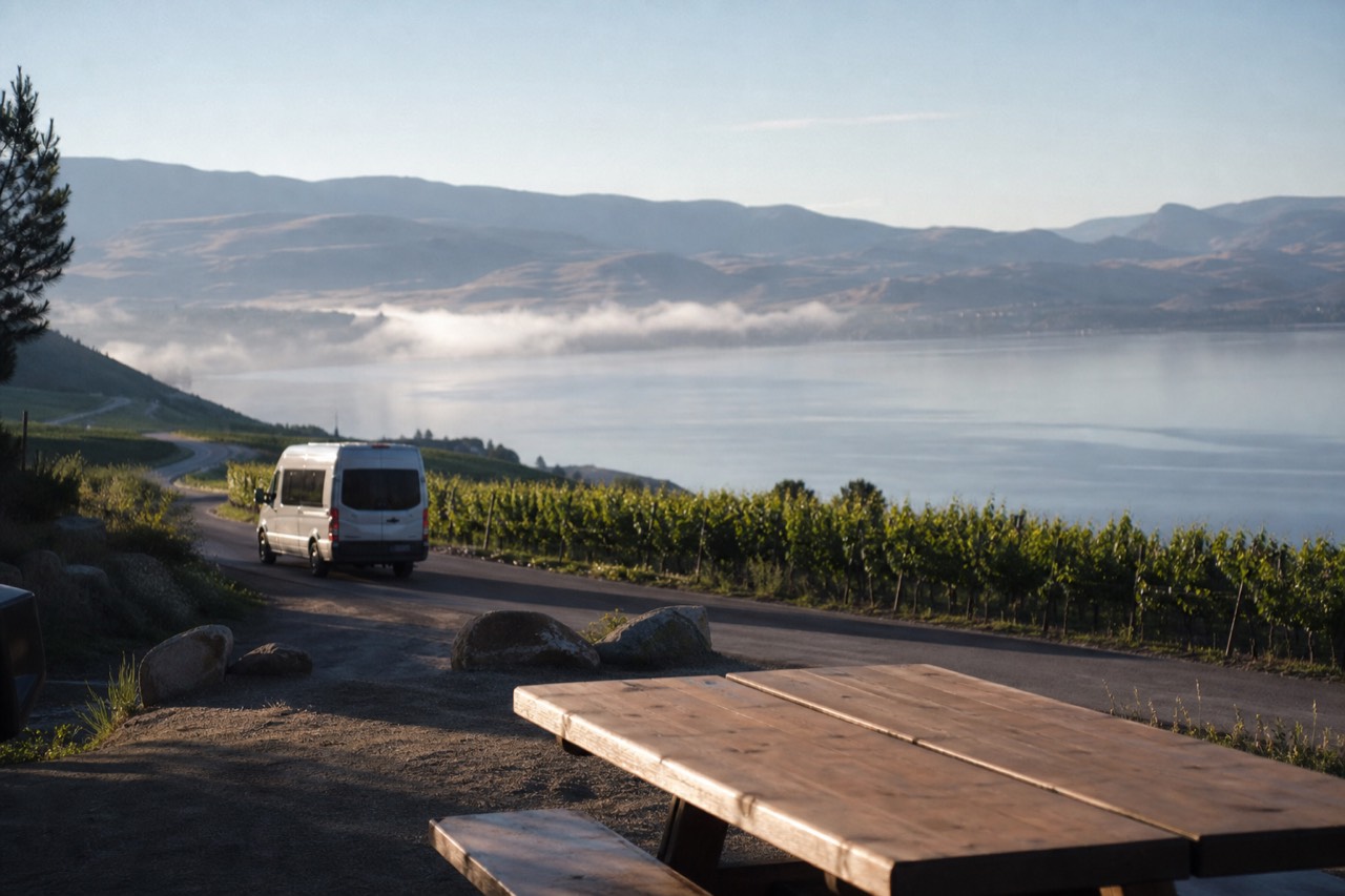 A small tour van on a rural road winding between Okanagan vineyard slopes above the lake, mid-morning light, no branding, no plate, no people.