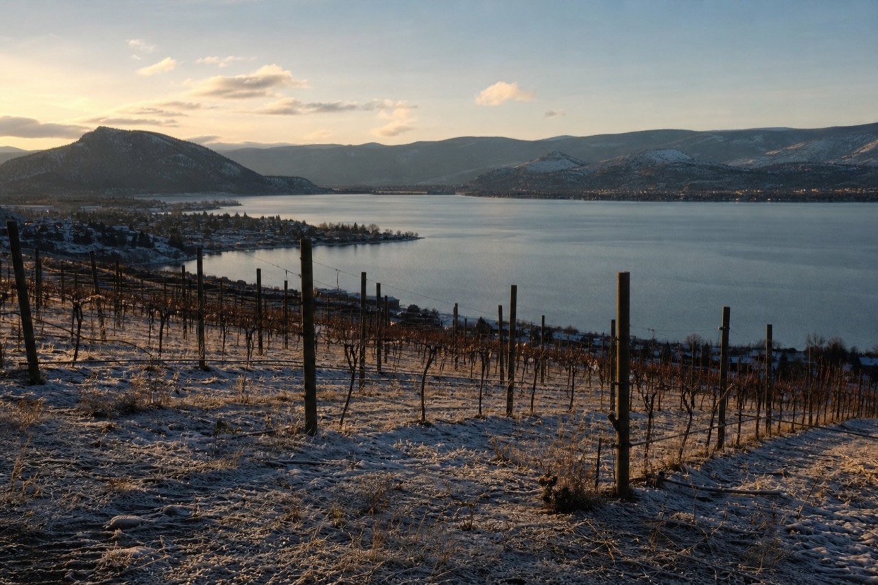 A Westside vineyard terrace at golden hour overlooking Okanagan Lake with a small town shoreline in the distance, no people, no signage.