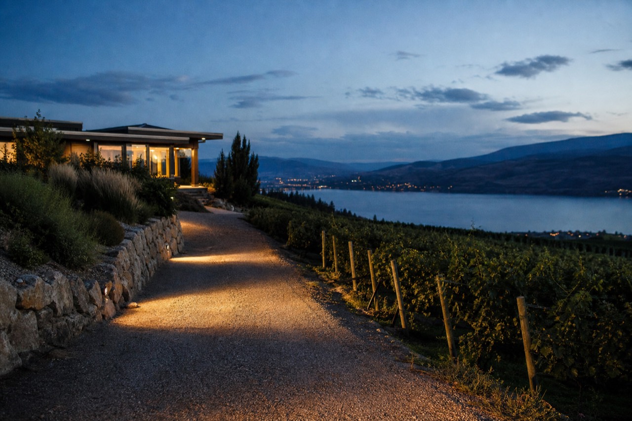 Sunlit gravel driveway leading to a small modern Okanagan hillside winery with terraced vineyard rows and Okanagan Lake below, golden late-afternoon light, no people, no signage.