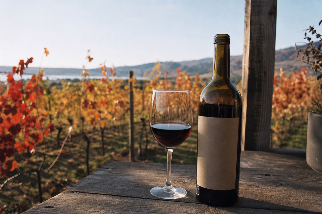 A wine bottle turned to show a blank label area on a rustic table beside a filled glass, vineyard blurred behind, no text on the label, no branding, no people.