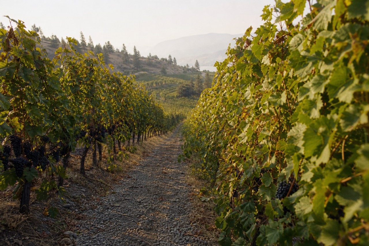 Comfortable flat closed-toe shoes on a gravel path between rows of grapevines on an Okanagan hillside, warm afternoon light, no people, no signage.