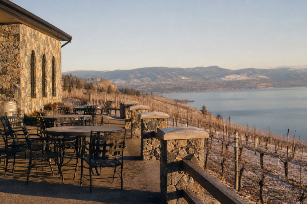 A hilltop winery terrace with a stone building overlooking terraced vine rows dropping to a blue lake, warm light, no people, no logos, no text.