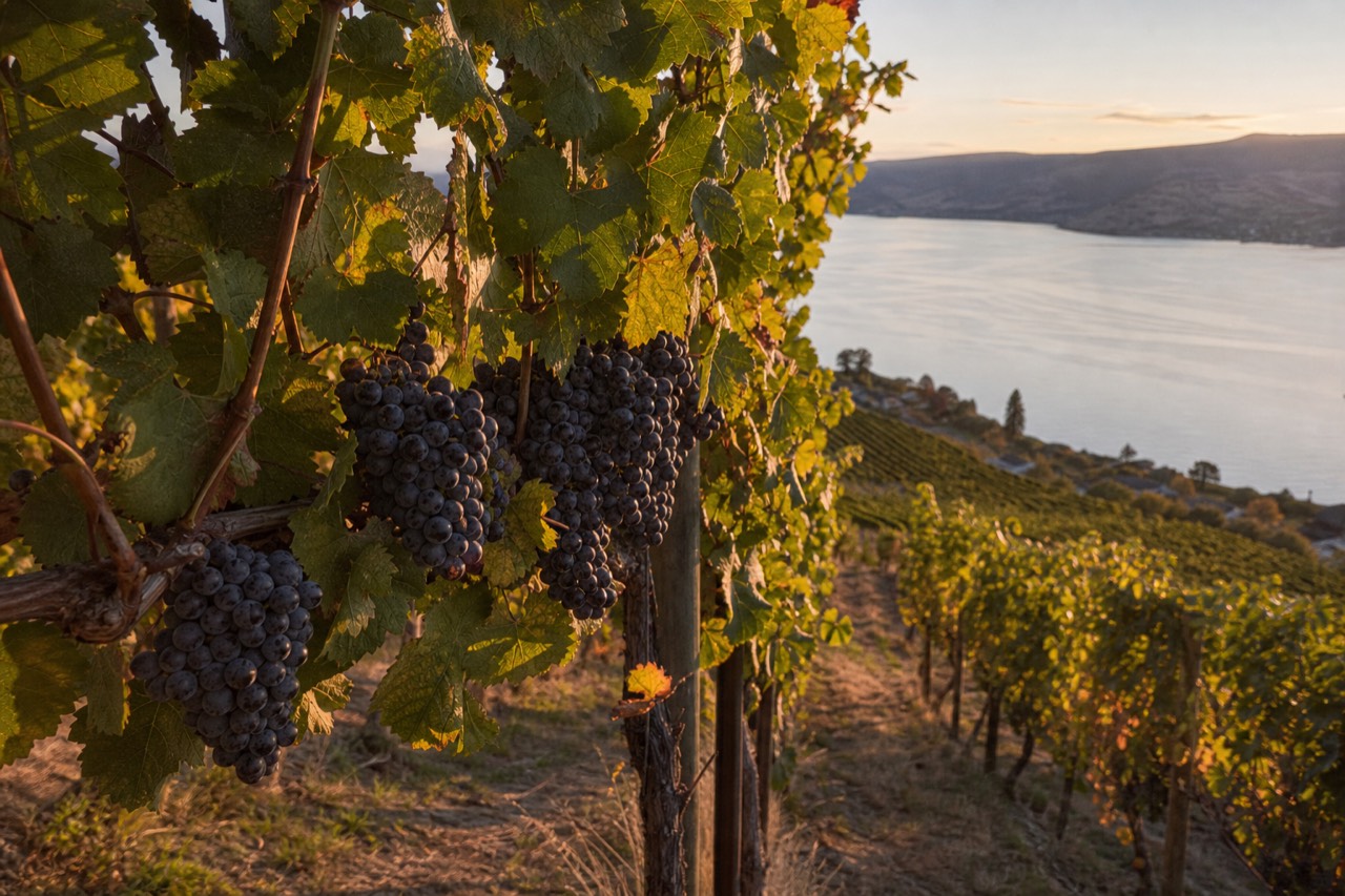 Rows of ripe dark Pinot Noir grapes on the vine in warm afternoon light, a slice of Okanagan Lake beyond the slope, no people, no branding, no text.