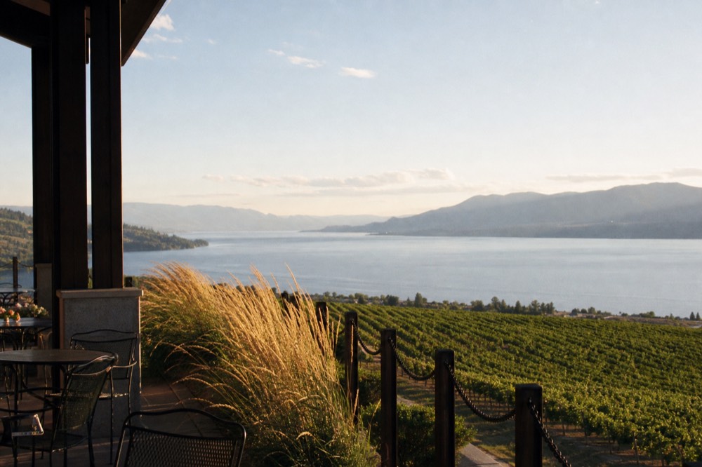 Grand hillside winery terrace overlooking Okanagan Lake with manicured vineyard rows below, wide summer sky, no people, no logos, no text.
