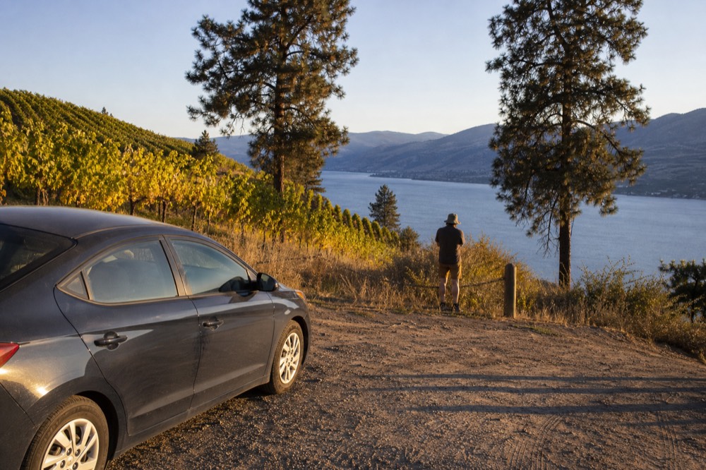 A car and a guide pausing at a lakeside viewpoint between vineyard regions on the drive south along Okanagan Lake, warm evening light, no people, no plate, no branding.