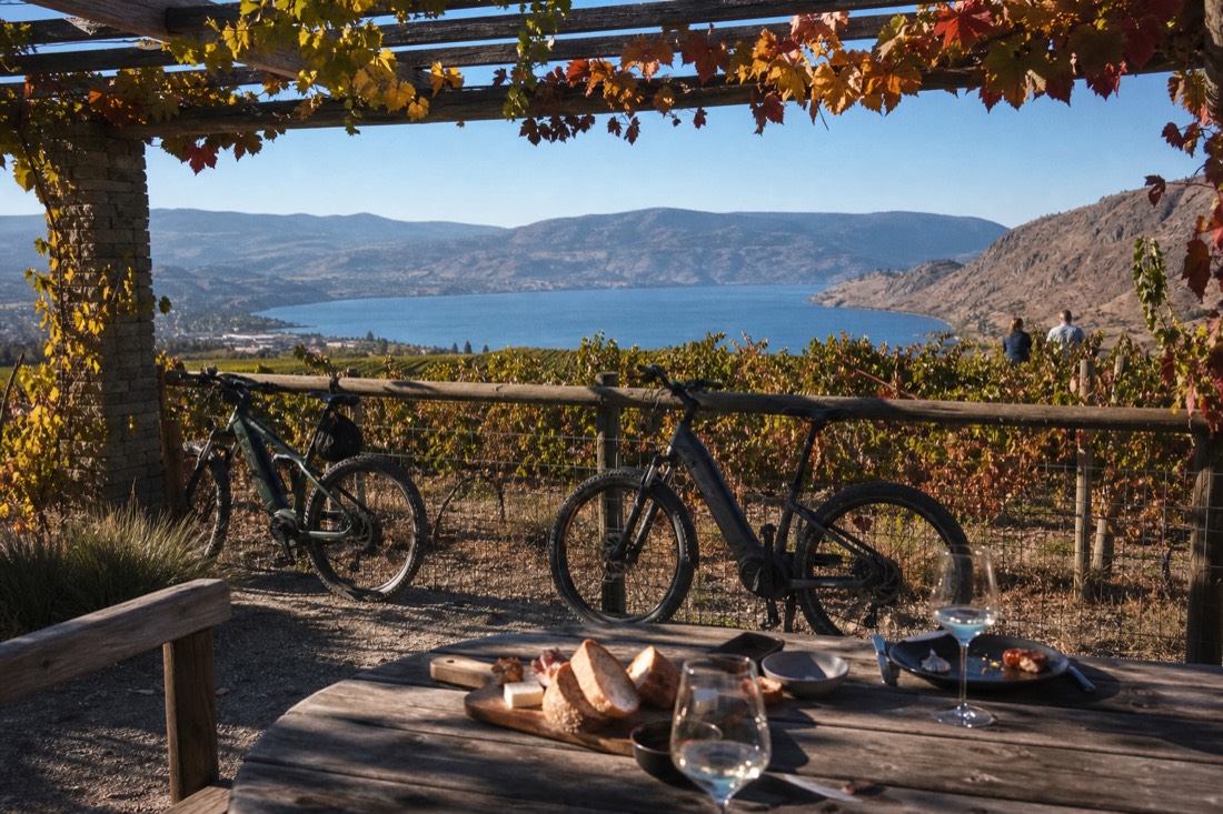 Electric bikes resting against a vineyard fence at golden hour with a picnic lunch and wine glasses, the lake glinting in the distance