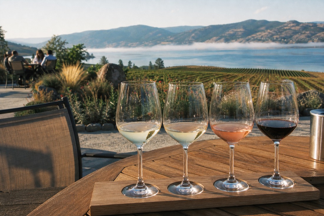 A relaxed afternoon flight of four wine glasses on a sunlit patio, vineyard rows and lake water behind