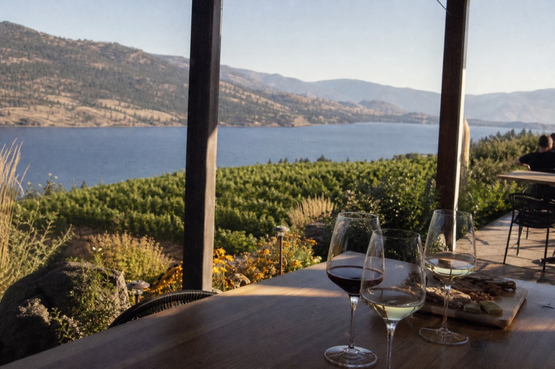 A small private group at an unhurried tasting on a winery terrace above the lake, glasses of red and white wine on the table, vines beyond