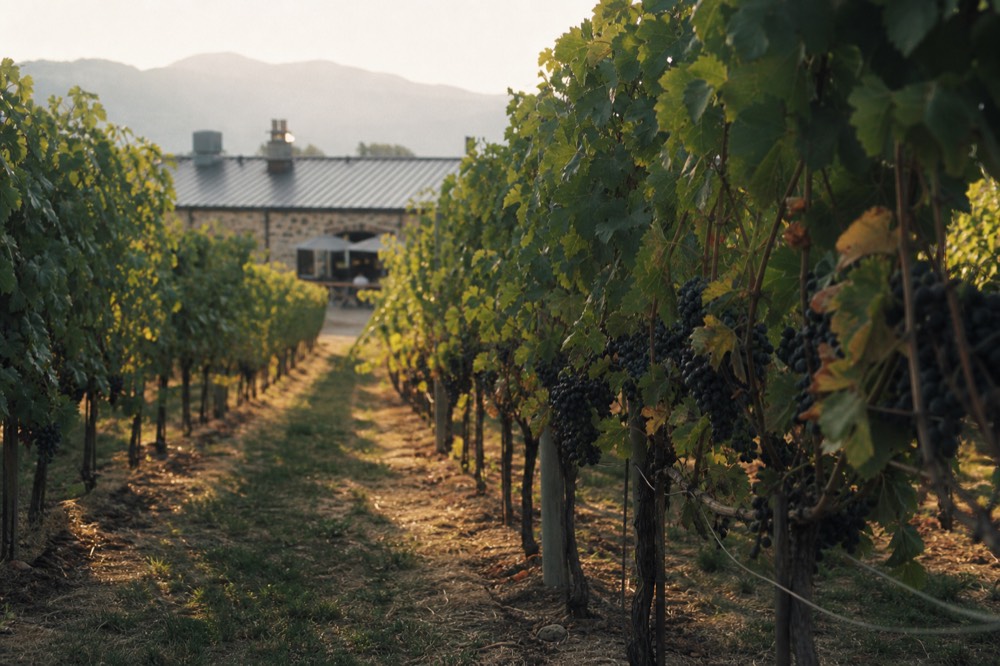 Rows of ripe dark grapes on the vine with a stone winery building behind, no branding, no people.