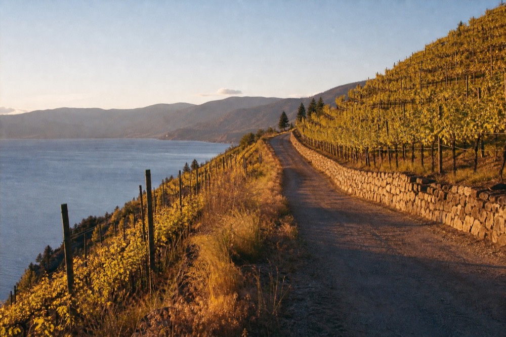 A winding rural road climbing between terraced vineyards on a hillside above a wide blue lake, warm afternoon light, no cars, no people, no signage, no text.