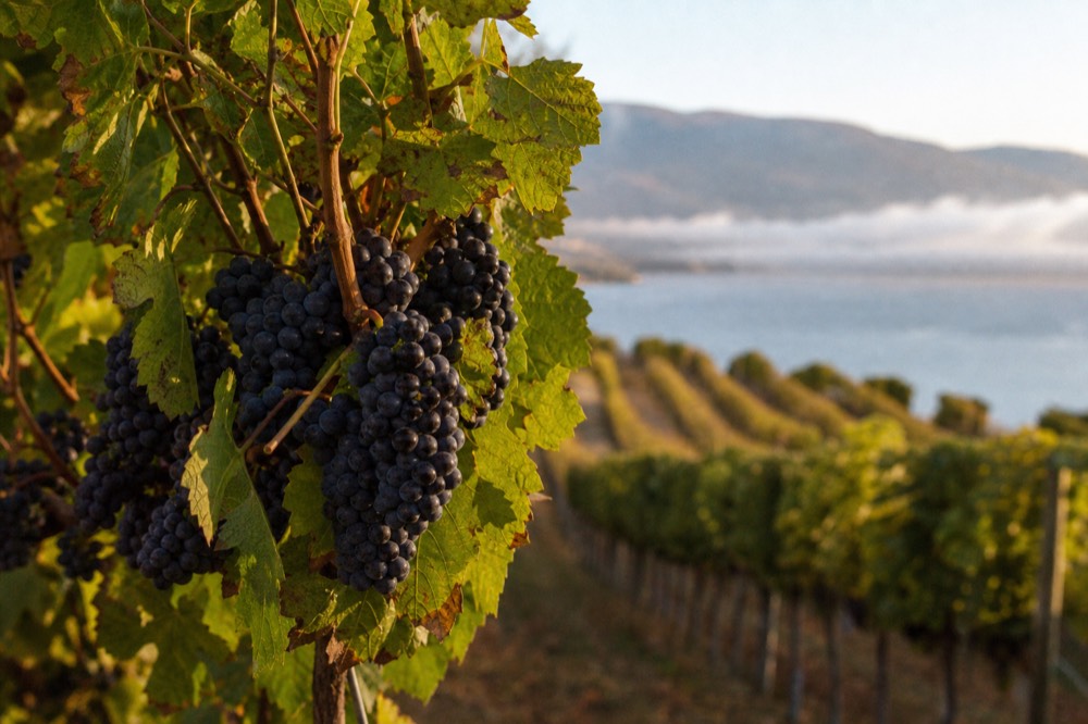 Close-up of dark Pinot Noir grape clusters on the vine with a hillside vineyard blurred behind, warm light, no branding.