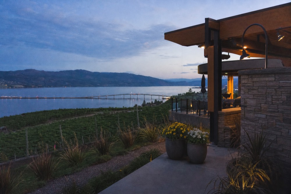West Kelowna vineyards on a hillside above Okanagan Lake with a long bridge in the distance, warm daylight, no branding, no people.