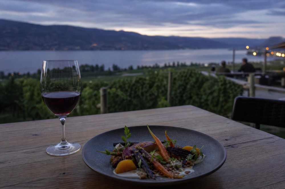 A plated course of seasonal vegetables and a glass of red wine on a wooden table with a blurred vineyard and lake behind, no people, no branding, no text.