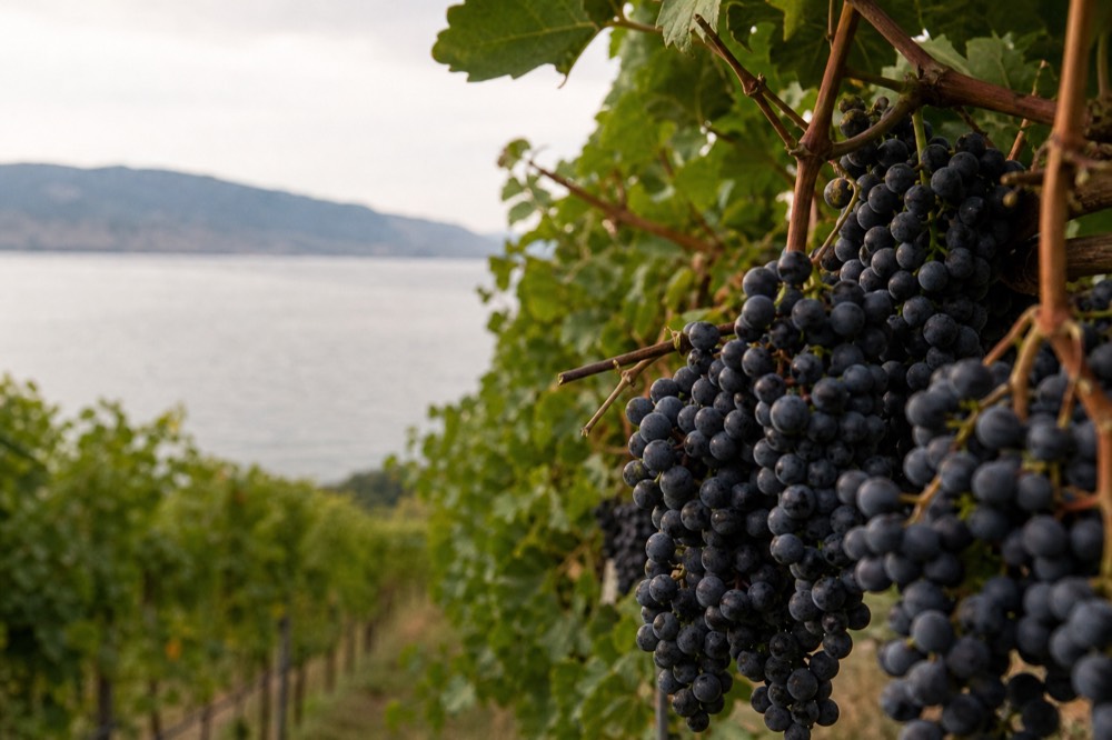 Close rows of dark thin-skinned grapes ripening on the vine with a lake and low hills softly out of focus behind, warm light, no branding, no people, no text.
