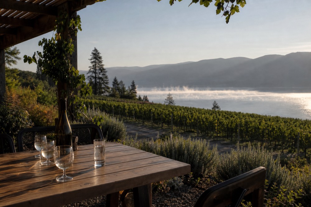 A small boutique winery tasting patio among vines on a lakeside bench, glasses and a bottle on a wooden table, lake glinting below, no people, no branding, no text.