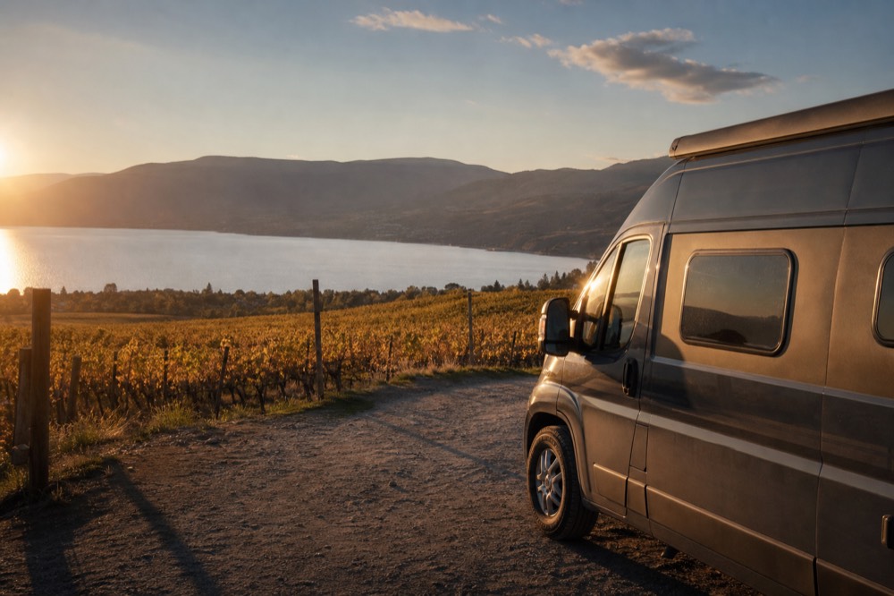 A touring vehicle pulled over at a vineyard viewpoint high on a bench road with the lake far below and hills beyond, no people, no logos, no text.