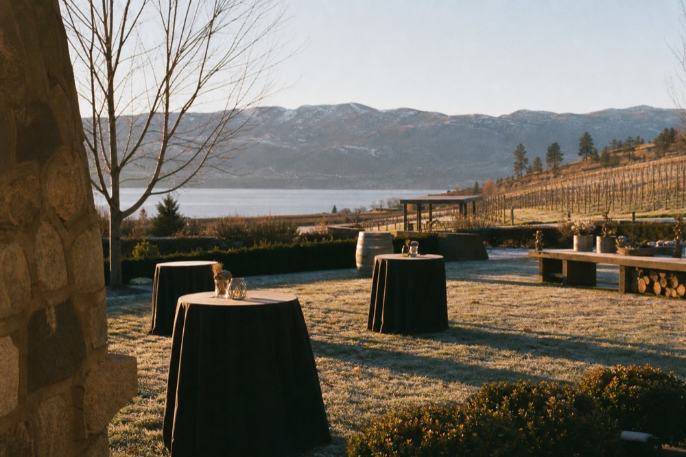 A lakeside park lawn set up for an outdoor wine event with tasting tables and vineyards on the slopes behind, golden afternoon light, no people, no branding, no text.