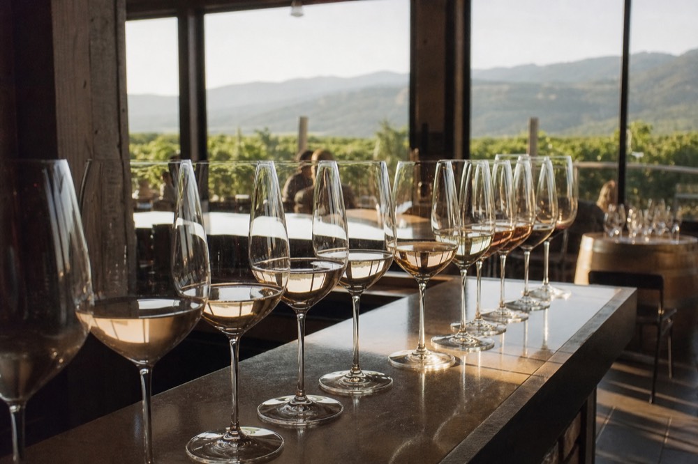 Rows of wine glasses set along a sunlit tasting-bar counter with green vineyard visible through a window behind, no logos, no people, no text.