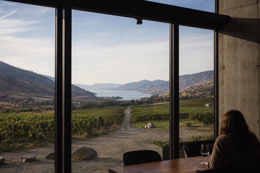 A long straight highway running south between dry golden hills toward a narrow desert lake in the distance, vineyards on the lower slopes, no cars, no signage, no people.