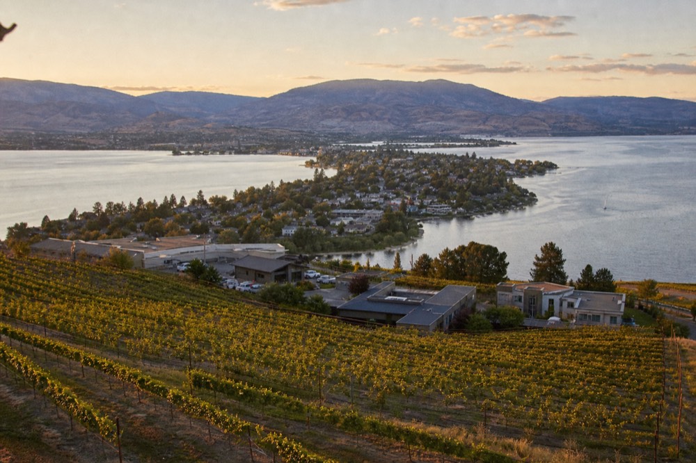 An aerial-style view of a town on a narrow isthmus between two blue lakes with vineyard benches on the surrounding slopes, clear warm light, no people, no branding, no text.