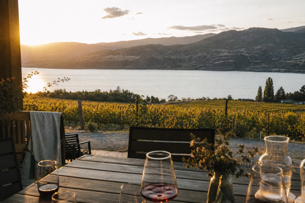 The Naramata Bench vineyard strip above the lake seen from a private terrace at golden hour, no people, no branding.