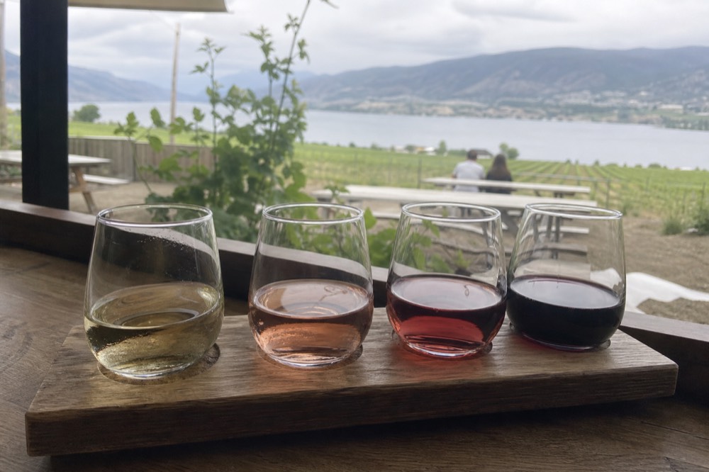 A small tasting flight of pours on a wooden table with a lake and vineyard bench blurred behind, warm daylight, no branding, no people.