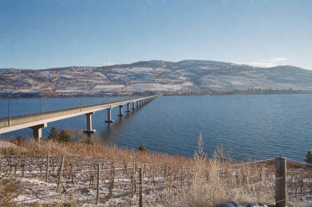 A long road bridge stretching across a wide blue lake with vineyard hills rising on the far shore under clear sky, no vehicles close up, no people, no text.