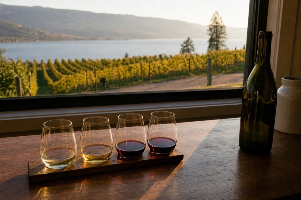 A tasting flight of four glasses on a wooden bar with a bottle and a view of sunlit vines through a window, no labels visible, no people, no text.