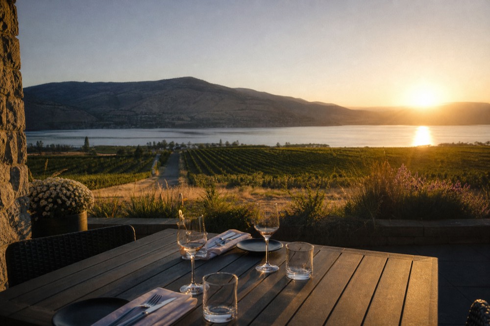 A winery patio dinner table set for two overlooking vineyard rows and a lake glowing orange at sunset, no people, no branding, no text.